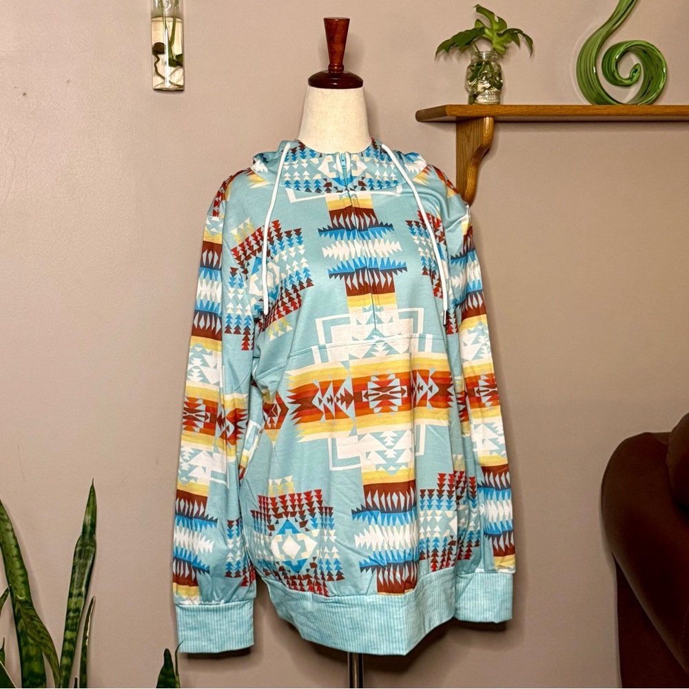 Aztec Print Women’s Southwestern Blue, Red, and Orange Print Hoodie – Size Large